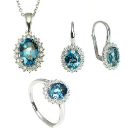 Diamantový set náušníc, náhrdelníka a prívesku s london blue topásom
