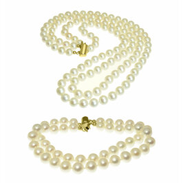 Zlatý set dvojradovej perlovej šnúry a náramku so sladkovodnými perlami